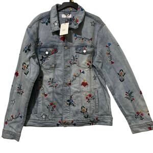 Lifted Anchors Embroidered Denim Jean Jacket Distressed Stretch 2X Mens Unisex